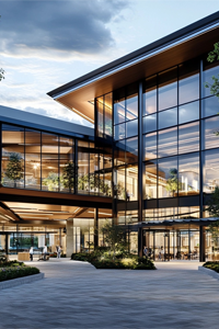 Commercial construction services showing exterior and interior work including asphalt paving and site work