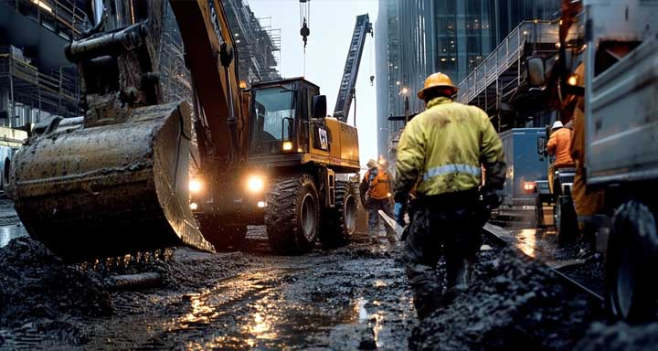 Skilled construction team executing project with precision equipment and maintaining safety standards
