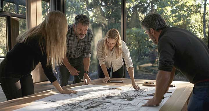 Project manager consulting with client discussing construction requirements, budget, and timeline